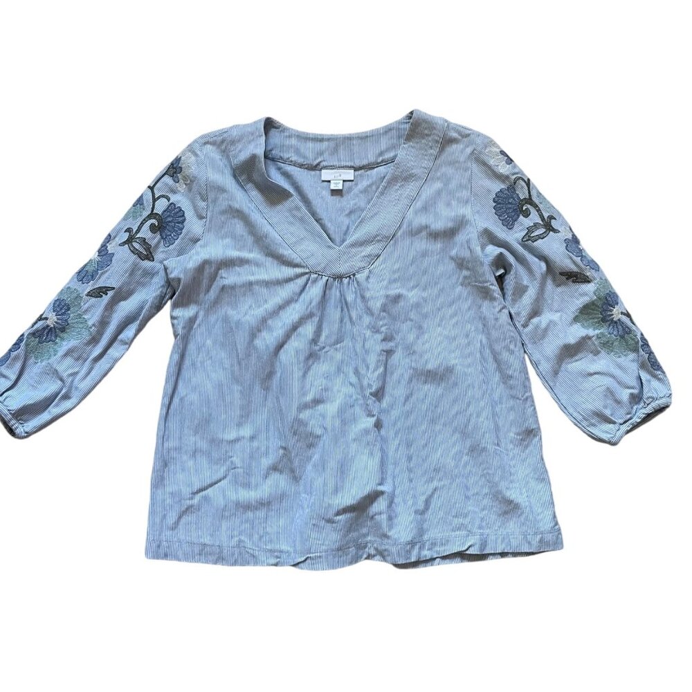 J.Jill Petite Embroidered V-Neck Blouse Blue Stripe Cotton Womens Top